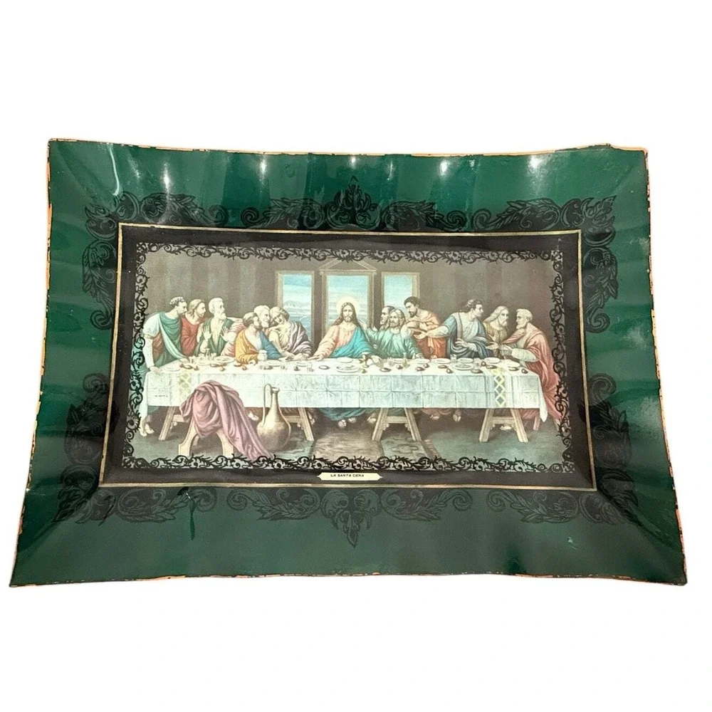 Vintage Last Supper Serving Tray Wall Hanging 19x13 Green Gold MCM Decor‎
